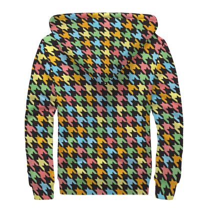 Colorful Houndstooth Print Sherpa Lined Zip Up Hoodie