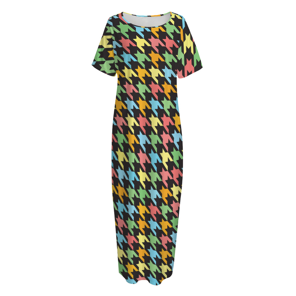 Colorful Houndstooth Print Short Sleeve Long Nightdress
