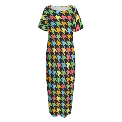 Colorful Houndstooth Print Short Sleeve Long Nightdress