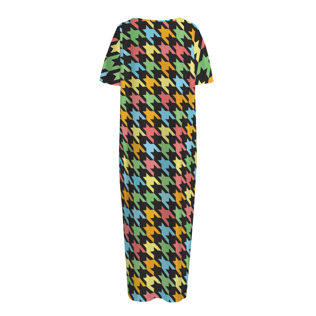Colorful Houndstooth Print Short Sleeve Long Nightdress
