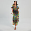 Colorful Houndstooth Print Short Sleeve Maxi Dress