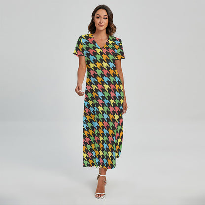 Colorful Houndstooth Print Short Sleeve Maxi Dress