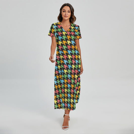 Colorful Houndstooth Print Short Sleeve Maxi Dress