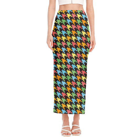 Colorful Houndstooth Print Side Slit Maxi Skirt