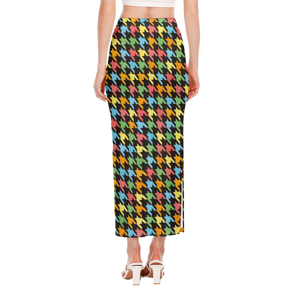 Colorful Houndstooth Print Side Slit Maxi Skirt