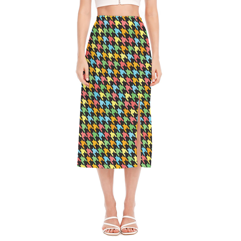 Colorful Houndstooth Print Side Slit Midi Skirt