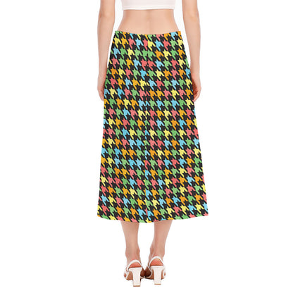 Colorful Houndstooth Print Side Slit Midi Skirt