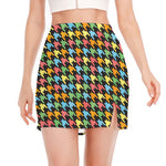 Colorful Houndstooth Print Side Slit Mini Skirt