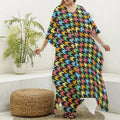 Colorful Houndstooth Print Silk V-Neck Kaftan Dress