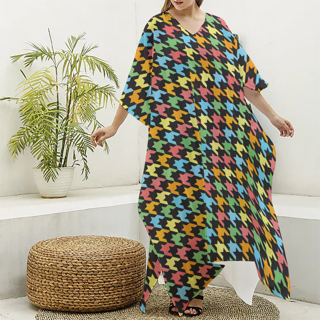 Colorful Houndstooth Print Silk V-Neck Kaftan Dress