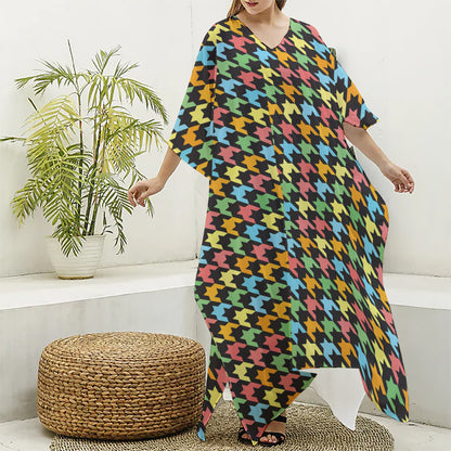 Colorful Houndstooth Print Silk V-Neck Kaftan Dress