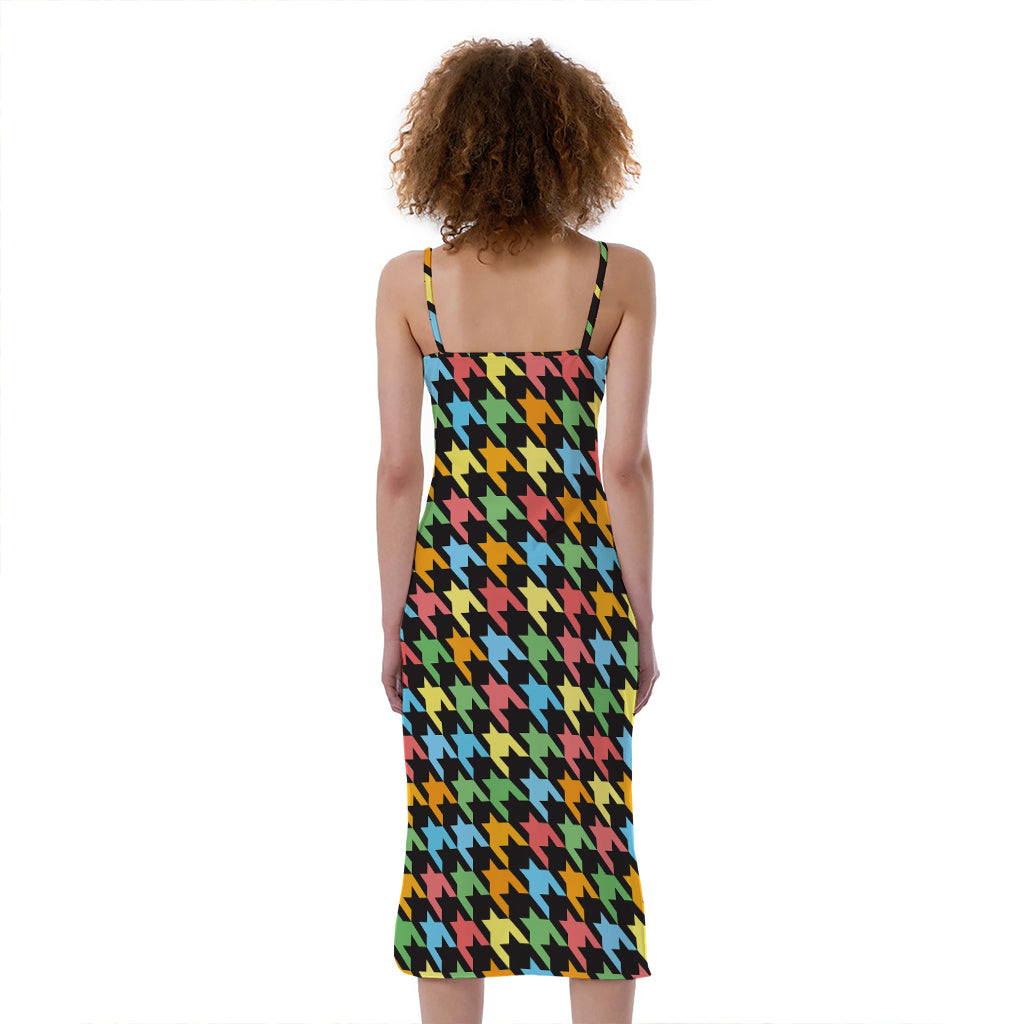Colorful Houndstooth Print Slim Fit Midi Cami Dress