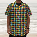 Colorful Houndstooth Print Textured Short Sleeve Shirt