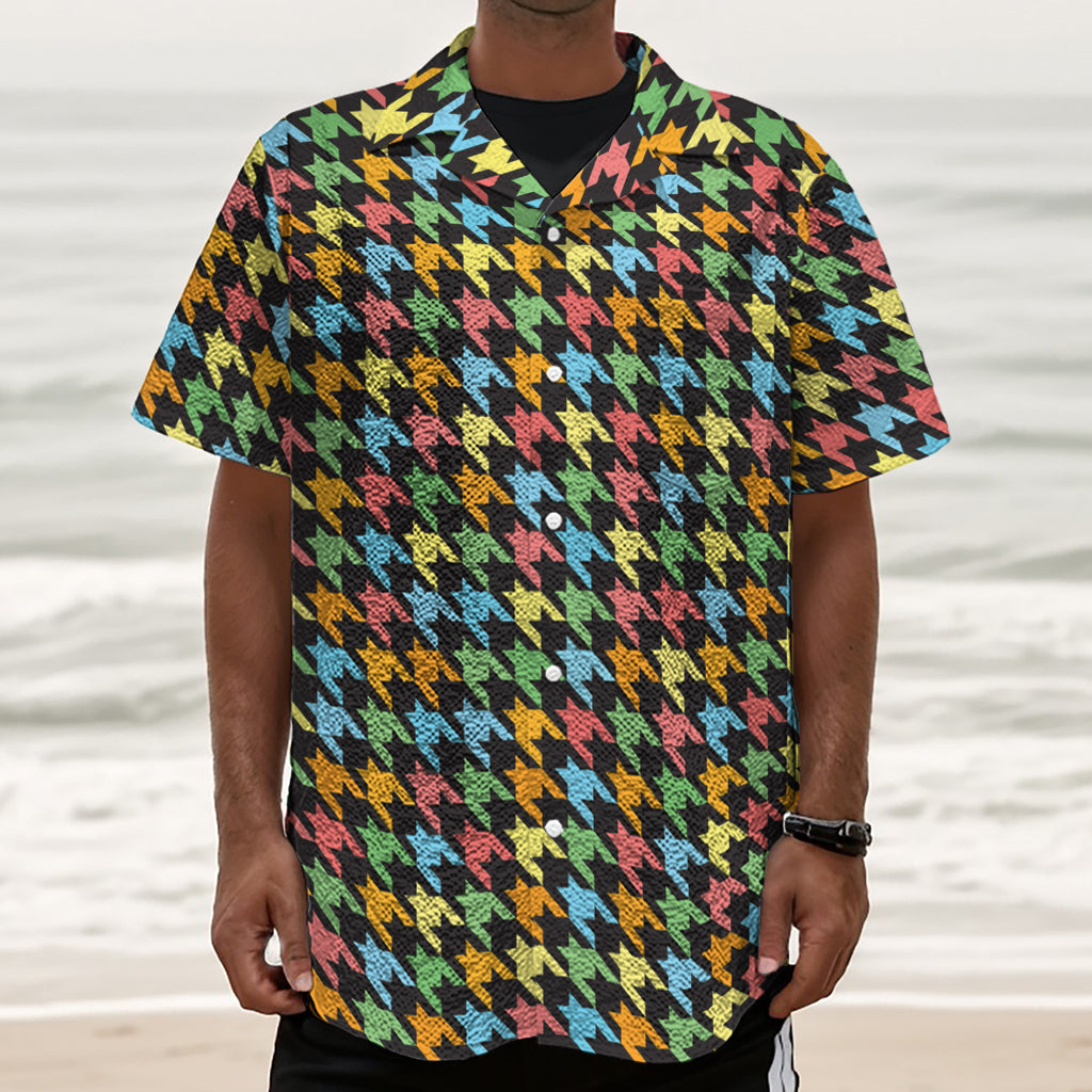 Colorful Houndstooth Print Textured Short Sleeve Shirt