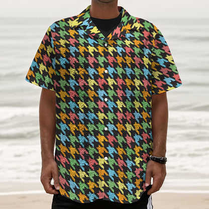 Colorful Houndstooth Print Textured Short Sleeve Shirt