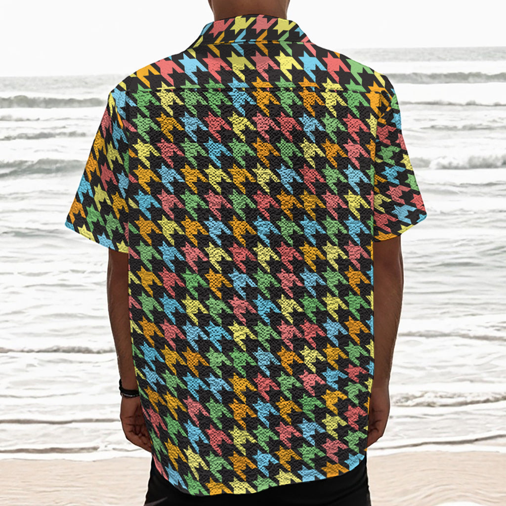 Colorful Houndstooth Print Textured Short Sleeve Shirt