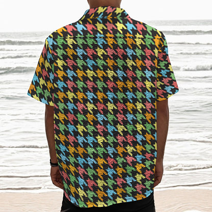 Colorful Houndstooth Print Textured Short Sleeve Shirt