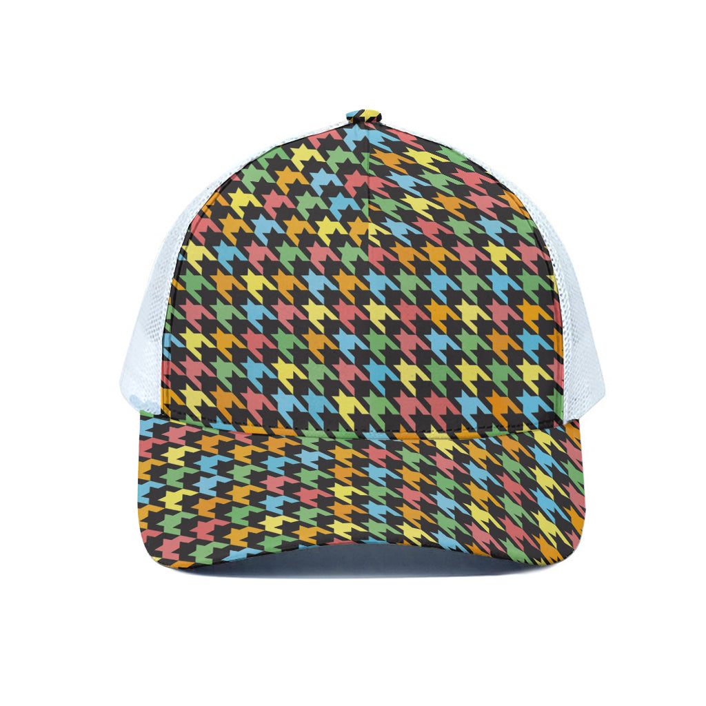 Colorful Houndstooth Print White Mesh Trucker Cap