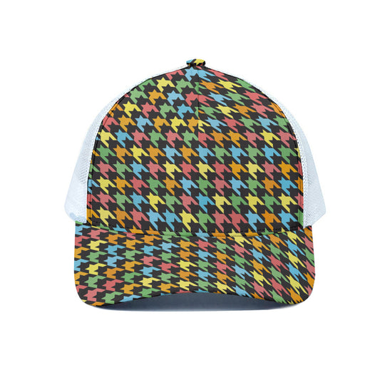 Colorful Houndstooth Print White Mesh Trucker Cap