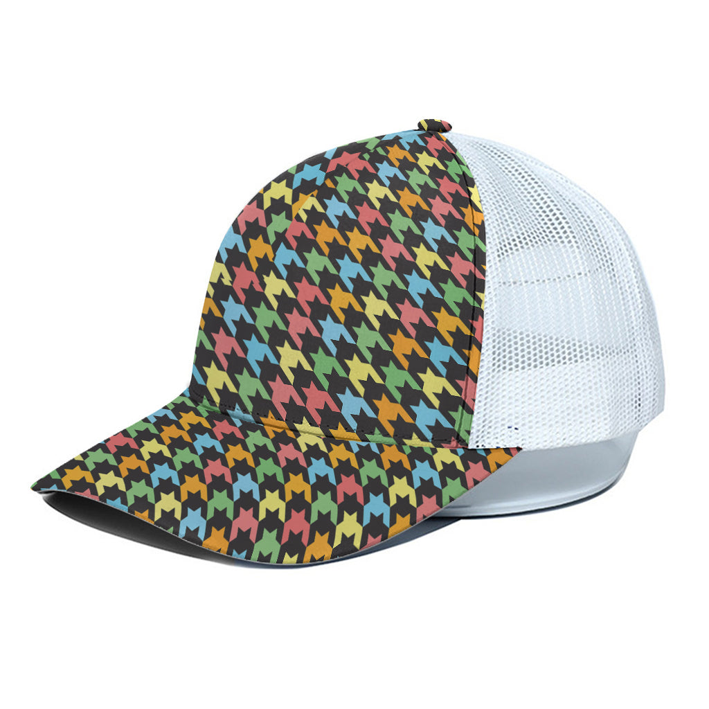 Colorful Houndstooth Print White Mesh Trucker Cap