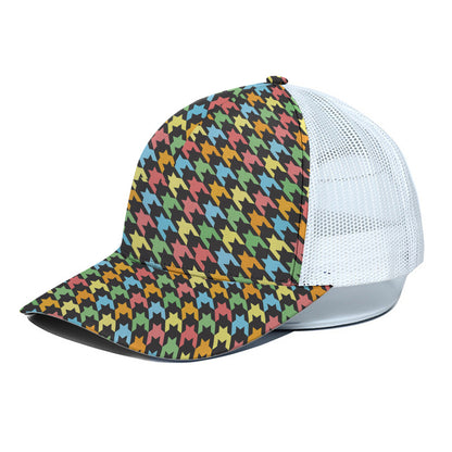 Colorful Houndstooth Print White Mesh Trucker Cap