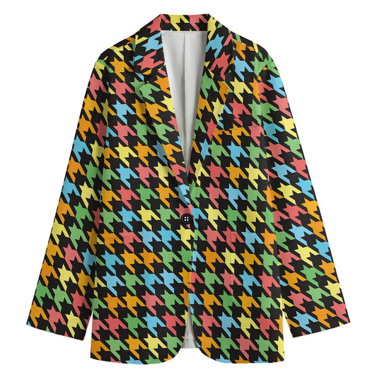 Colorful Houndstooth Print Women's Cotton Blazer