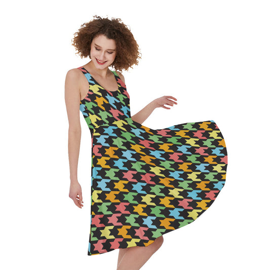 Colorful Houndstooth Print Women's Sleeveless Dress