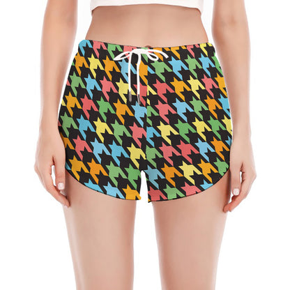 Colorful Houndstooth Print Women's Split Running Shorts