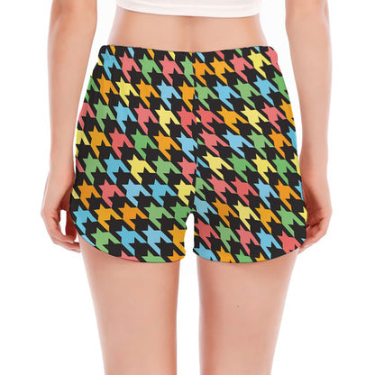 Colorful Houndstooth Print Women's Split Running Shorts