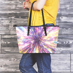 Colorful Hyperspace Print Leather Tote Bag