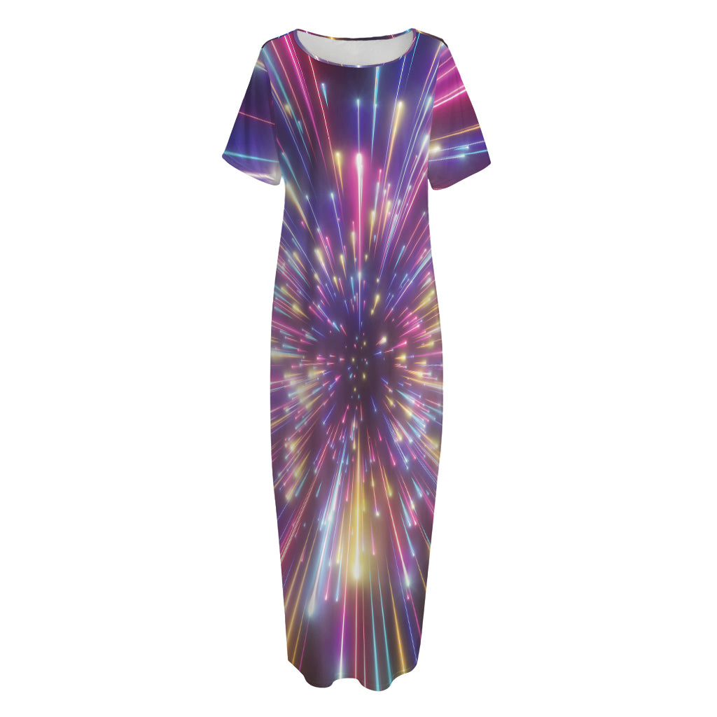Colorful Hyperspace Print Short Sleeve Long Nightdress