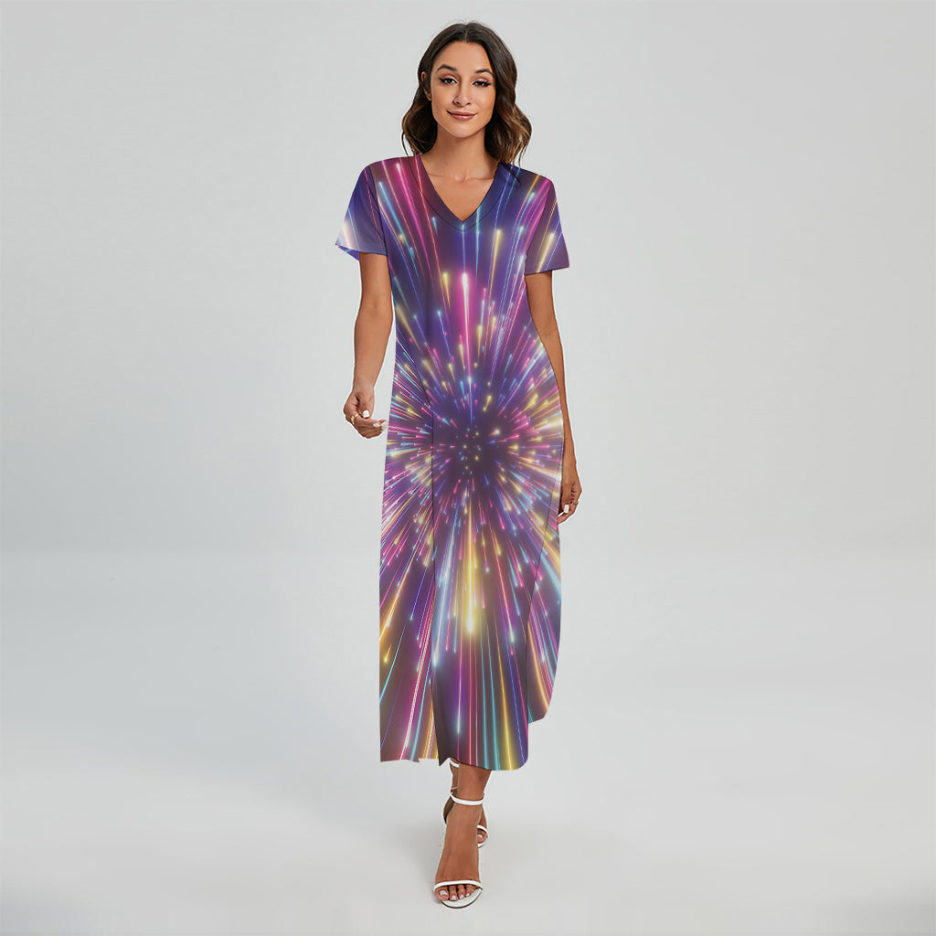 Colorful Hyperspace Print Short Sleeve Maxi Dress