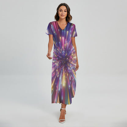 Colorful Hyperspace Print Short Sleeve Maxi Dress
