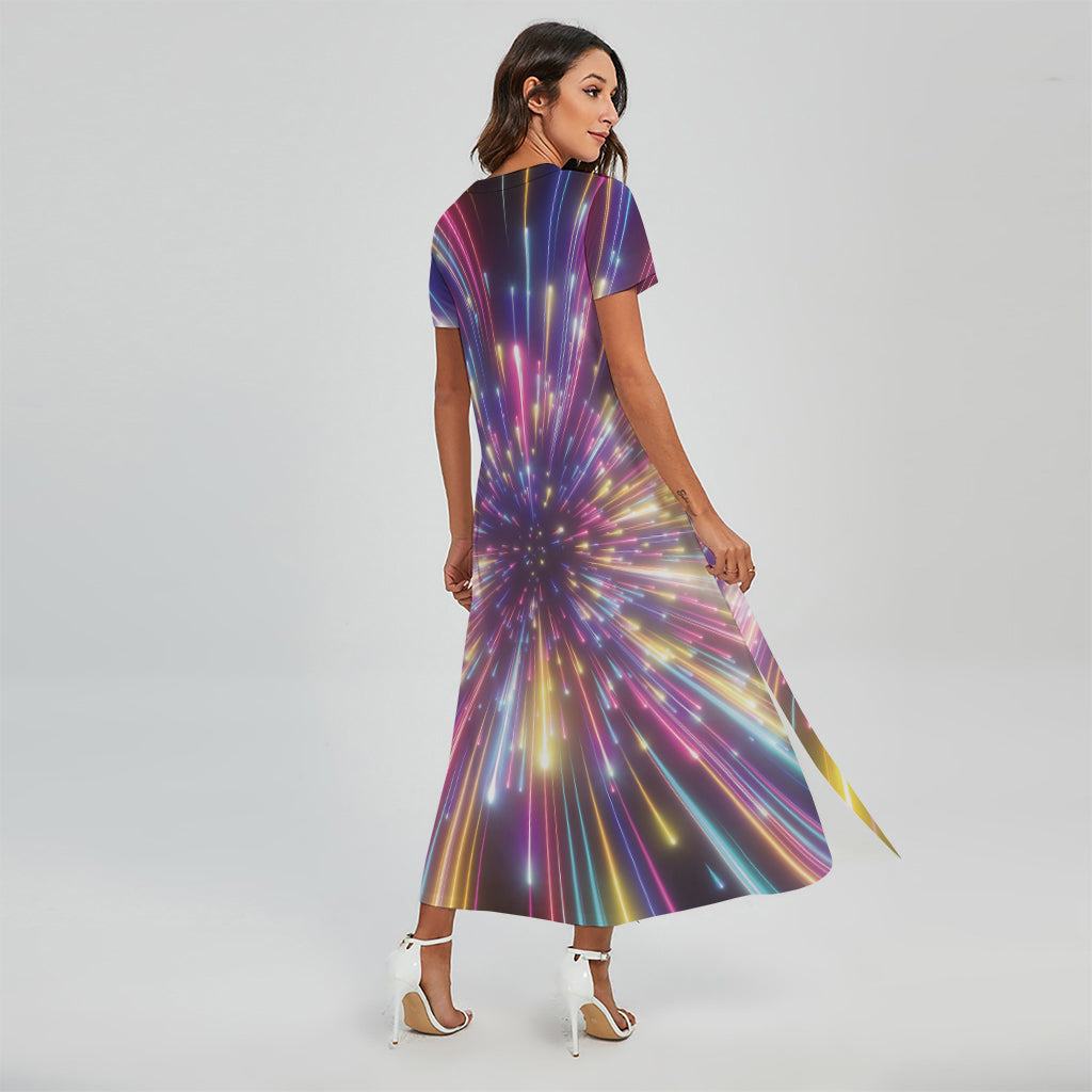 Colorful Hyperspace Print Short Sleeve Maxi Dress
