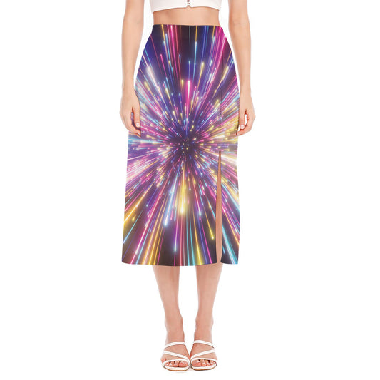Colorful Hyperspace Print Side Slit Midi Skirt