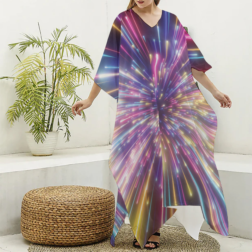 Colorful Hyperspace Print Silk V-Neck Kaftan Dress