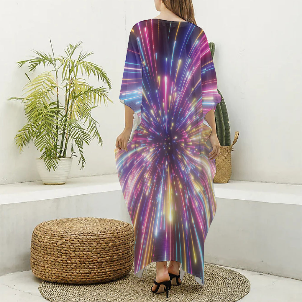 Colorful Hyperspace Print Silk V-Neck Kaftan Dress