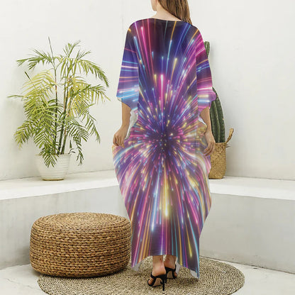 Colorful Hyperspace Print Silk V-Neck Kaftan Dress