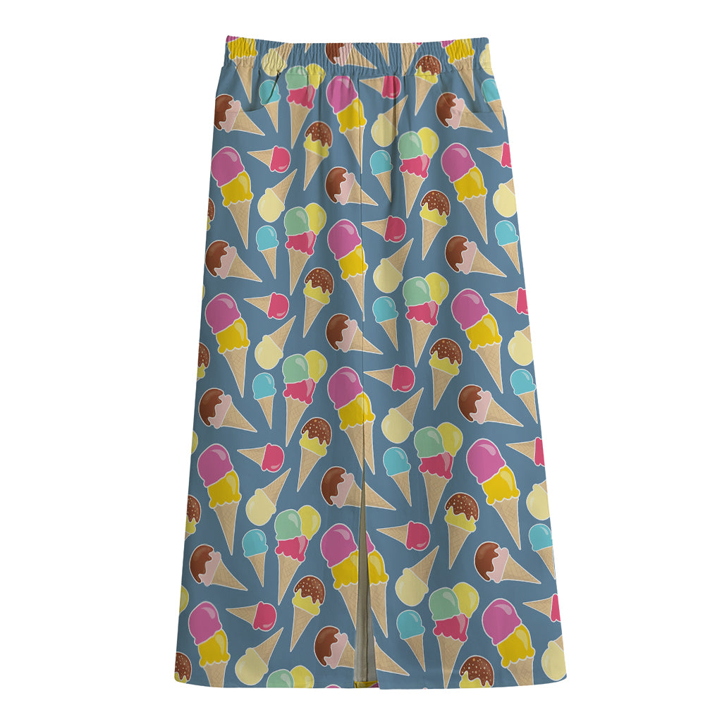 Colorful Ice Cream Pattern Print Cotton Front Slit Maxi Skirt