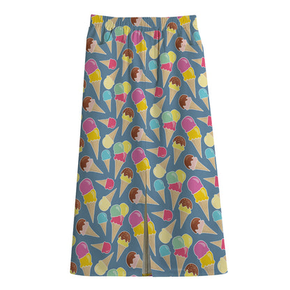 Colorful Ice Cream Pattern Print Cotton Front Slit Maxi Skirt