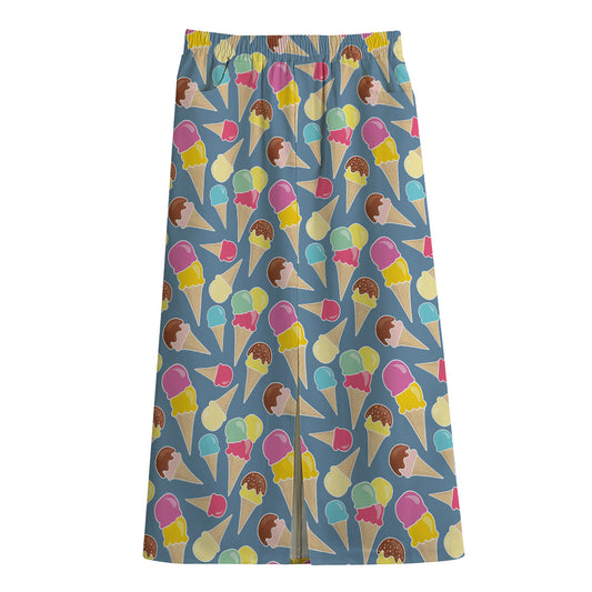 Colorful Ice Cream Pattern Print Cotton Front Slit Maxi Skirt