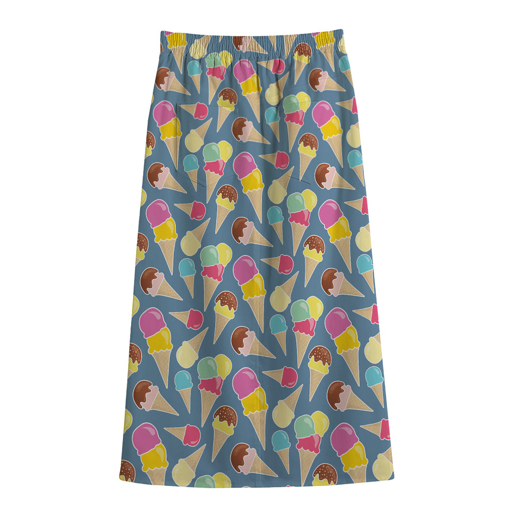 Colorful Ice Cream Pattern Print Cotton Front Slit Maxi Skirt
