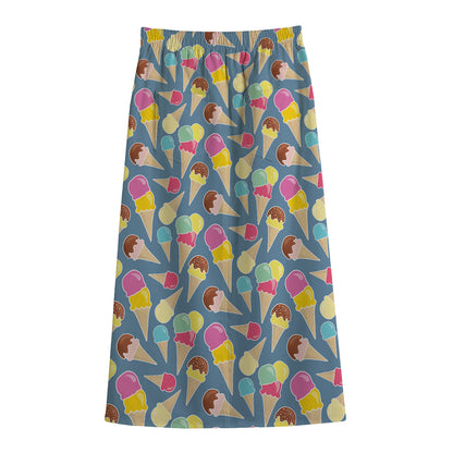 Colorful Ice Cream Pattern Print Cotton Front Slit Maxi Skirt
