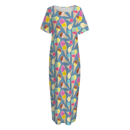 Colorful Ice Cream Pattern Print Short Sleeve Long Nightdress