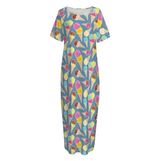 Colorful Ice Cream Pattern Print Short Sleeve Long Nightdress