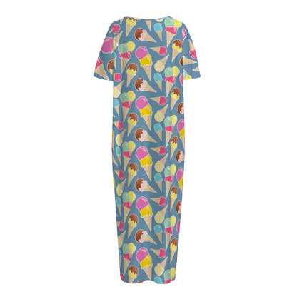Colorful Ice Cream Pattern Print Short Sleeve Long Nightdress