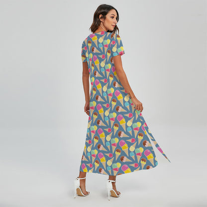 Colorful Ice Cream Pattern Print Short Sleeve Maxi Dress