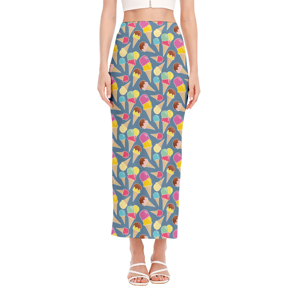 Colorful Ice Cream Pattern Print Side Slit Maxi Skirt