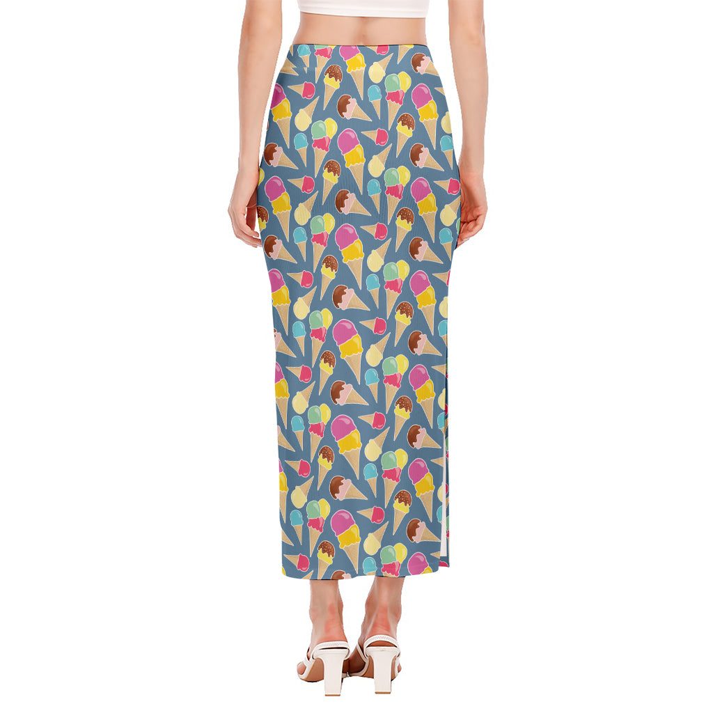 Colorful Ice Cream Pattern Print Side Slit Maxi Skirt