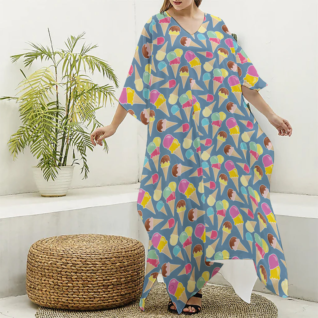 Colorful Ice Cream Pattern Print Silk V-Neck Kaftan Dress